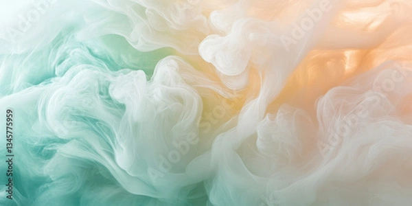 Fototapeta A dreamy, colorful abstract background showcasing swirling pastel-colored mist. The soft transitions of peach, mint green, and gentle lilac create a calming, ethereal, and visually harmonious