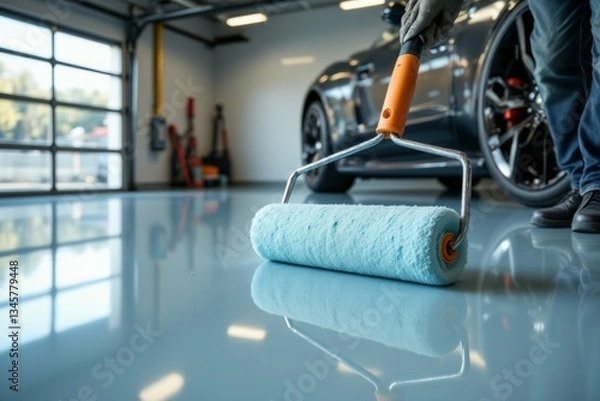 Fototapeta A person rolling paint on the epoxy garage floor carefully