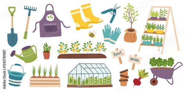 Fototapeta Set of garden tools and seedlings cliparts on white background. Collection of spring and garden concept elements. Vector illustration in a flat style.
