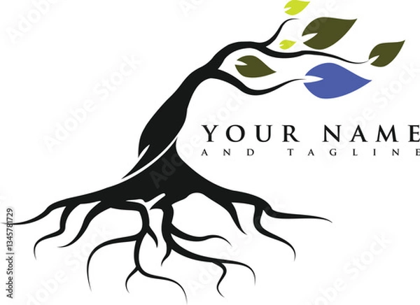 Fototapeta green spring tree with female face and roots on white background, vector, Abstract Human tree logo. Unique Tree Vector illustration with circle and abstract woman shape.	