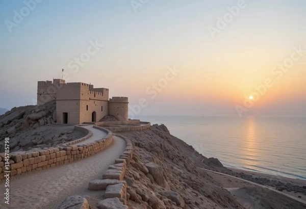 Obraz The Dhayah Fort in Ras Al Khaimah at sunset with a golden sky and palm trees in the foreground
