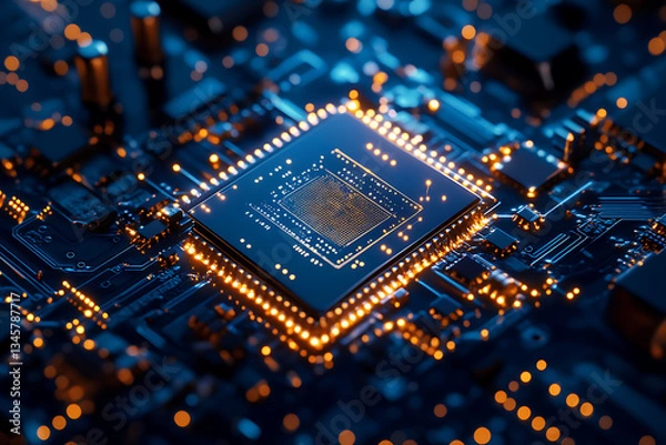 Obraz Cpu processing data on motherboard with glowing circuits