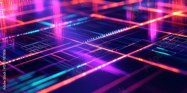 Fototapeta A futuristic, colorful abstract background with floating holographic grids. The glowing geometric patterns in electric cyan, deep purple, and neon orange create a digital, cyber-inspired, and visually