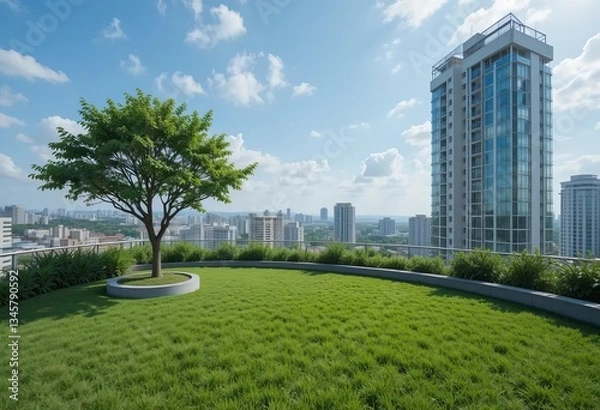 Fototapeta A rooftop garden with trees, grass, and a view of the city skyline