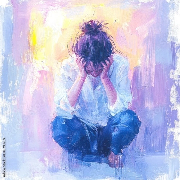 Fototapeta Woman suffering from severe headache at home - watercolor illustration with pastel background