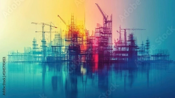 Fototapeta A colorful construction site with cranes and abstract reflections