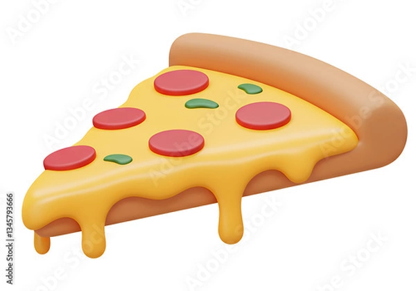 Fototapeta 3D Cartoon pizza slice with cheese, pepperoni, and basil leaves for fun food visuals