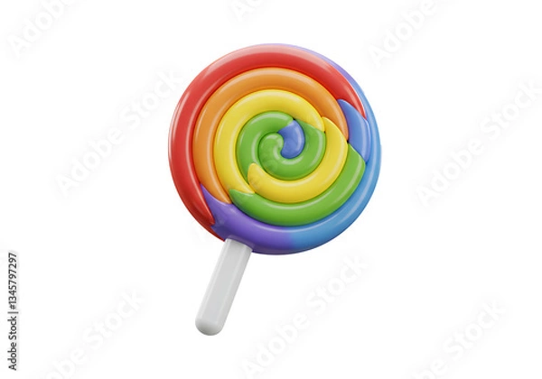 Fototapeta 3D Spiral rainbow lollipop featuring vibrant colors and a white stick