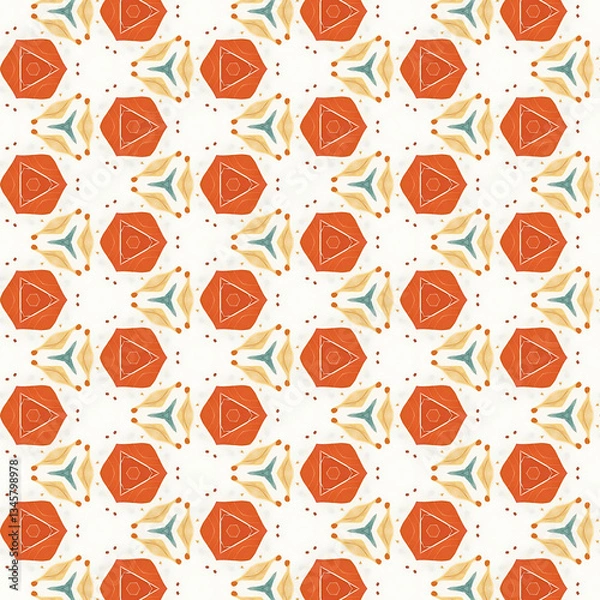 Obraz "Geometric Hexagon Pattern: Orange Triangle and Blue Y Design.
Decorative Repeating Motif: Stylized Hexagonal Grid Texture.
Engaging Geometric Design: Orange Hexagon Seamless Pattern."