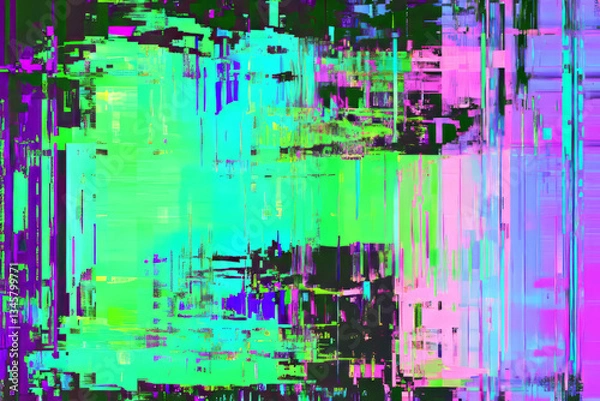 Fototapeta A futuristic, colorful abstract background featuring glitch art aesthetics. The pixelated distortions in neon green, bright cyan, and deep magenta create a tech-inspired, cyberpunk, and visually