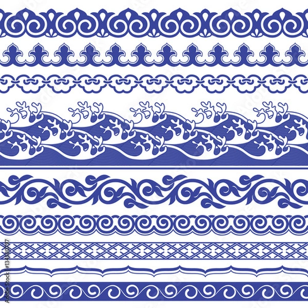 Fototapeta Chinese porcelane seamless borders vector set.