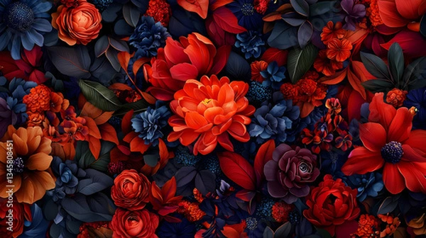Fototapeta Vibrant Red Flowers And Dark Blue Floral Background with Decorative Texture and Seamless Pattern