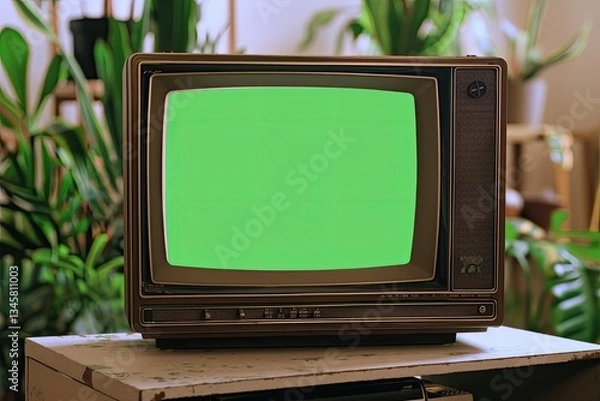 Fototapeta Detailed Color Picture of a Retro Tv on White Background with Chromakey Screen