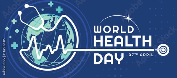 Obraz World health day - White Stethoscope roll circle around green globe world with long line heart wave on blue background vector design