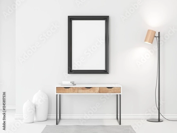 Fototapeta Vertical black poster Frame Mockup for art hanging on the wall in room. 3d rendering
