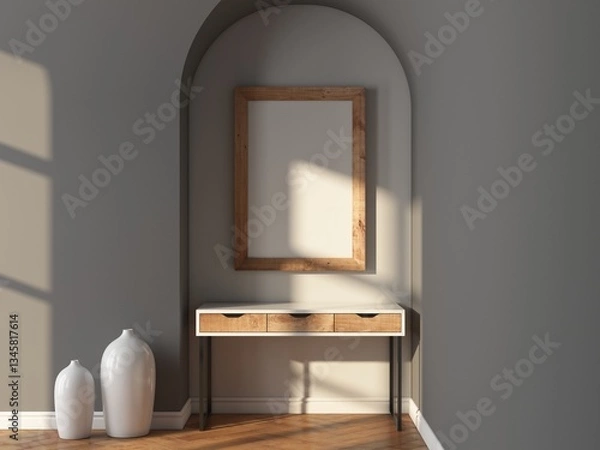 Fototapeta Vertical Wooden Poster Frame Mockup hanging above table in room. 3d rendering