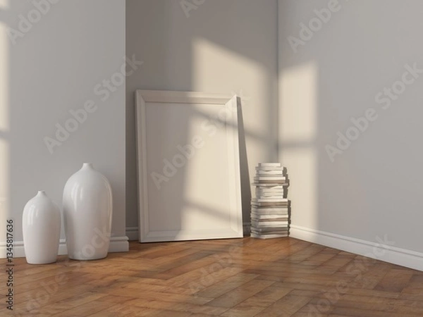 Fototapeta Vertical White art Poster Frame Mockup standing in the corner with stack of books. 3d rendering