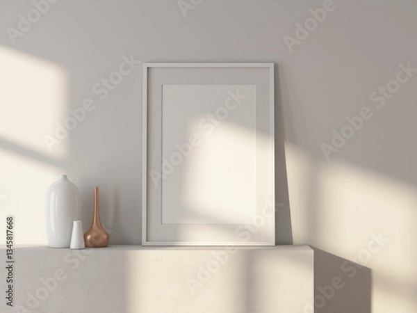 Fototapeta Vertical white poster Frame Mockup for art with passepartout standing in room with vases. 3d rendering