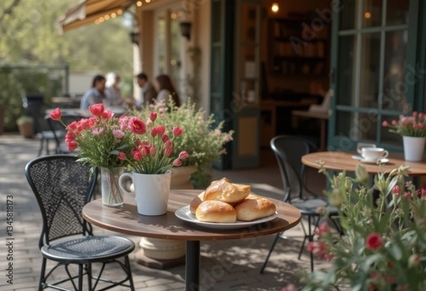 Fototapeta  Outdoor cafe scene with a plate of pastries and a cup of coffee on a table with a vase of tulips