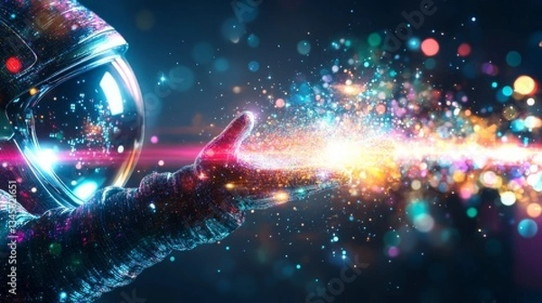 Fototapeta Astronaut's gloved hand reaches out to touch the cosmos in stunning colorful display