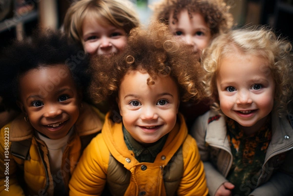 Fototapeta  From above, a panoramic perspective a group of young toddlers gathered indoors, their tiny hands interlocked in perfect harmony