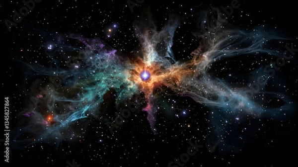Fototapeta Abstract Nebula Displaying Colorful Cosmic Swirls And Glowing Energy Against Dark Black Background