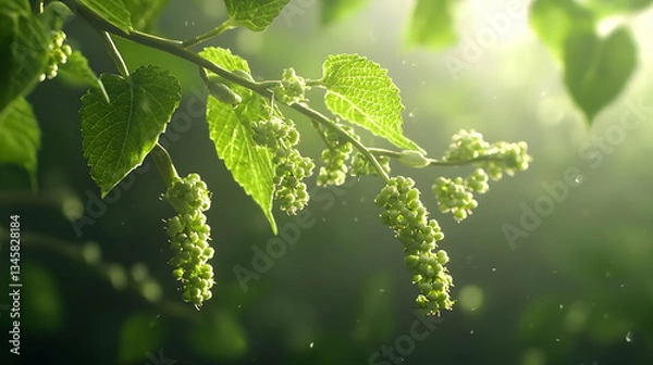 Fototapeta Close Up Of Green Leaves And Flowers On Branch With Sun Shining Through Creating Light