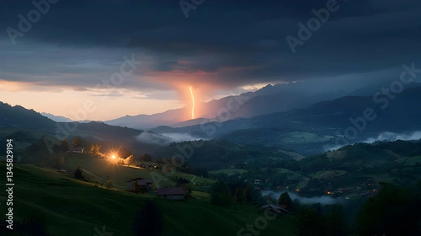 Fototapeta Dramatic Lightning Strike Over Rolling Green Hills and Mountain Range at Sunset with Cloudy Sky