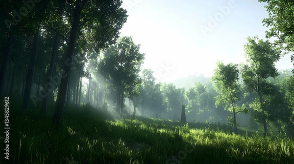 Fototapeta Lush Green Forest Illuminated By Sun Rays Through The Trees Creating Atmospheric Landscape With Meadow