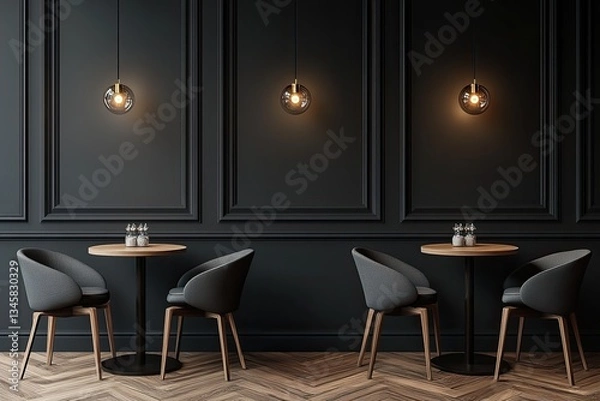 Fototapeta Modern cafe interior with dark walls, wooden floors, and stylish furniture.  Dim lighting creates a cozy atmosphere