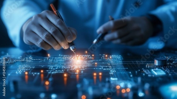 Fototapeta Technician performing fiber-optic connection repair in a technology lab during late evening hours