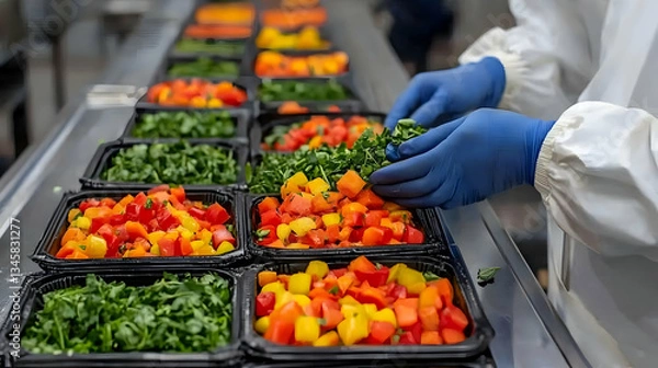 Fototapeta Food Preparation Line With Colorful Vegetables And Protective Gear