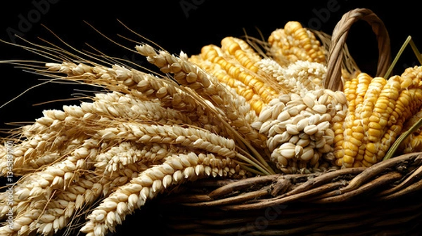 Fototapeta Wheat And Corn Ears In Rustic Basket Against Dark Background