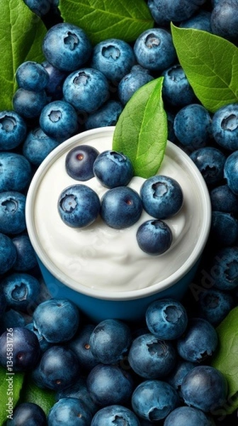 Fototapeta Bowl of blueberries and yogurt. The blueberries are fresh and ripe, and the yogurt is creamy and smooth. Concept of freshness and health, as the blueberries and yogurt are both nutritious