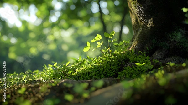 Fototapeta Lush Green Forest Floor With Sunlight Shining Through Leaves Creating Bright Illumination And Detailed Textures