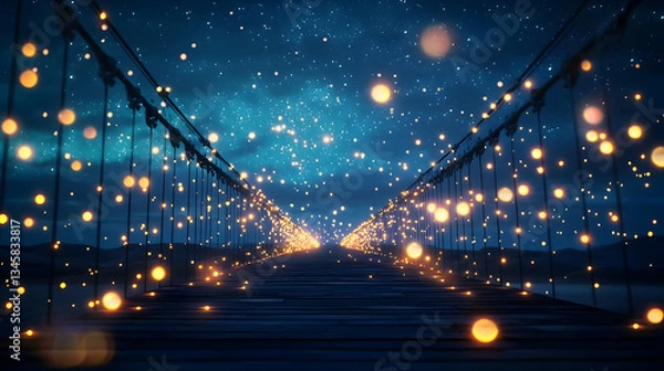 Fototapeta Illuminated Wooden Suspension Bridge Stretching Into A Starry Night Sky With Golden Glowing Lights And Atmospheric Fantasy Scenery