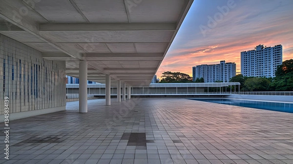 Fototapeta Modern White Architectural Building With Geometric Patterns And Reflecting Pool Under Orange Sunset Sky