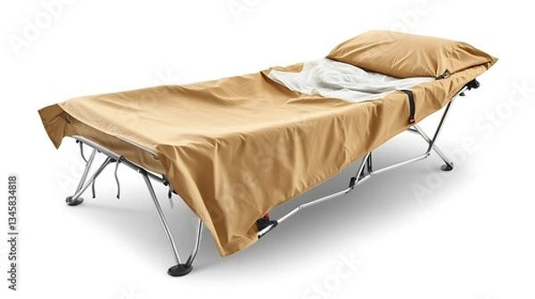 Fototapeta Portable Camp Cot for Tan Canvas, Outdoor Sleep.