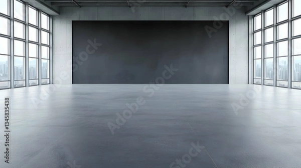 Fototapeta Empty Modern Industrial Interior With Concrete Floor And Large Windows