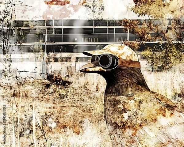 Fototapeta Post-apocalyptic Bird for Goggles, Ruins.