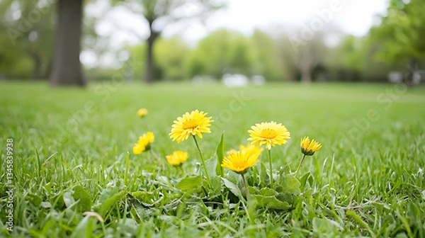 Fototapeta Close Up Of Bright Yellow Dandelions Blooming Amidst Lush Green Grass Under Soft Daylight In A Park
