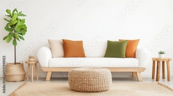 Fototapeta A modern living room featuring a white sofa with colorful cushions, a round woven coffee table, and a decorative plant, creating a cozy atmosphere.