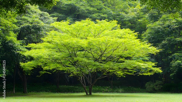 Fototapeta Vibrant Green Tree Illuminated By Bright Sunlight Against Blurred Background of Lush Green Trees on Grass Field