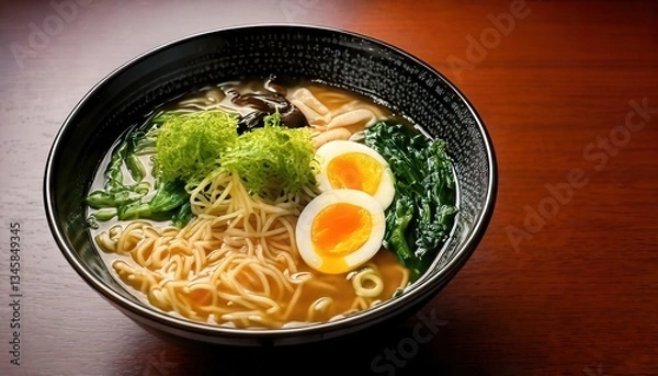 Obraz A steaming bowl of ramen with rich broth, soft-boiled egg, fresh greens, and seaweed, served in a black bowl.