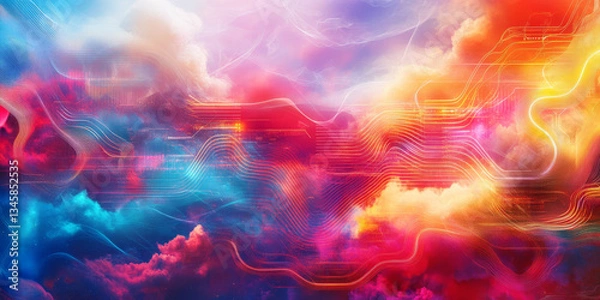 Fototapeta A futuristic, colorful abstract background with neon gridlines overlaid on swirling cosmic clouds. The glowing circuitry in vibrant red, electric blue, and pulsating yellow creates a high-tech, sci-fi