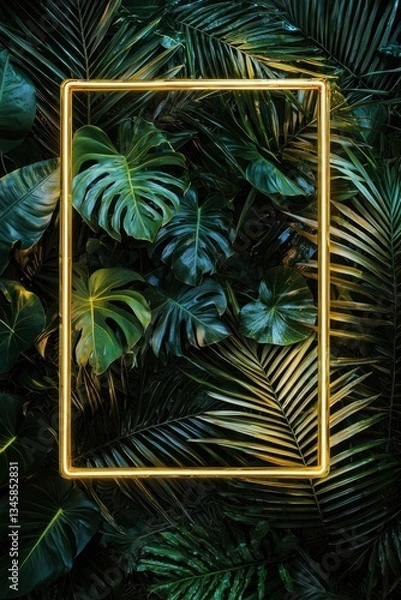 Fototapeta Striking gold neon frame set against a backdrop of lush tropical foliage, creating a vivid and luxurious visual display.