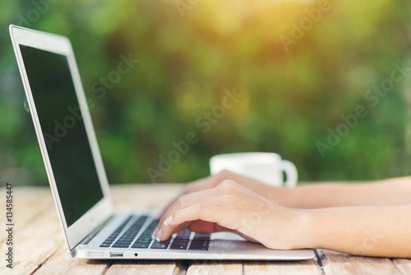 Fototapeta Woman hand using laptop computer on wooden table