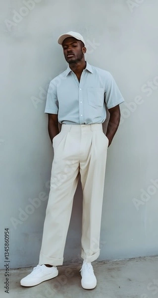 Fototapeta A stylish man poses in front of a plain gray wall