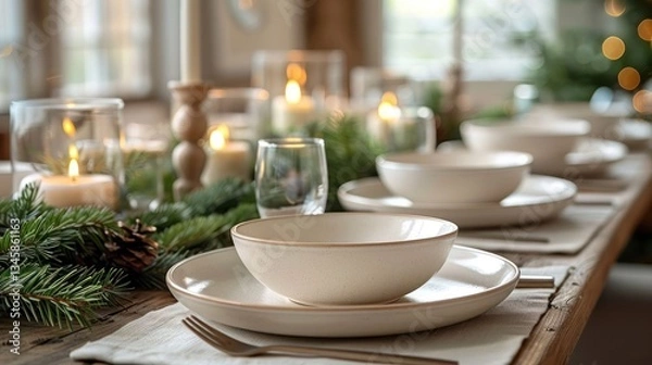 Fototapeta Elegant holiday dining setup with candles and greenery, creating a warm festive atmosphere