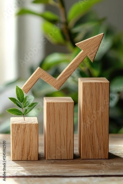 Fototapeta Wooden bar graph with an upward pointing arrow on a white background, representing organic growth or progressive increase.